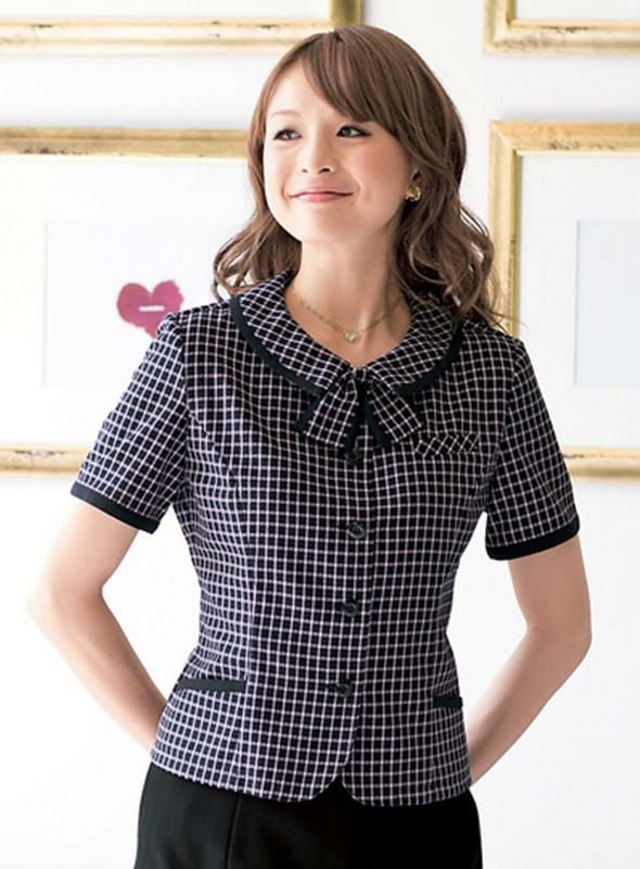 事務服 オーバーブラウス[アンジョア/26255]チェック/リボン付