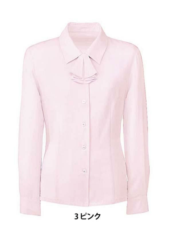 事務服 長袖ブラウス[フォーク/FB7546]ダイヤ柄/リボン付