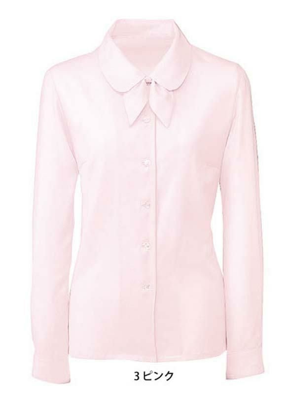 事務服 長袖ブラウス[フォーク/FB7547]ダイヤ柄/リボン2種付