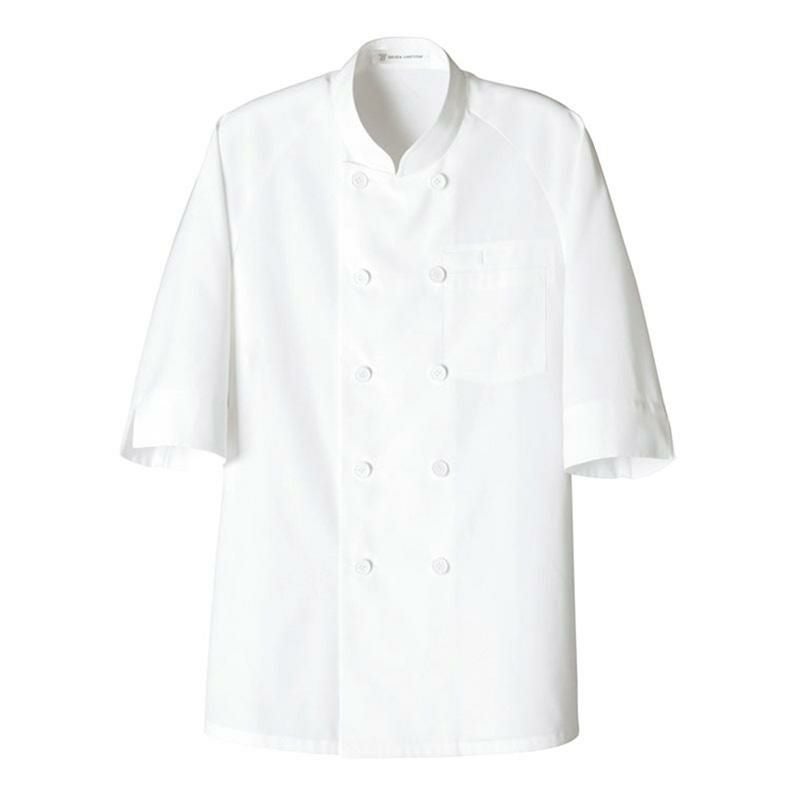 五分袖コックコート 黒 ポリ80% 混防縮 速乾 男女兼用 [セブン/BA1225]