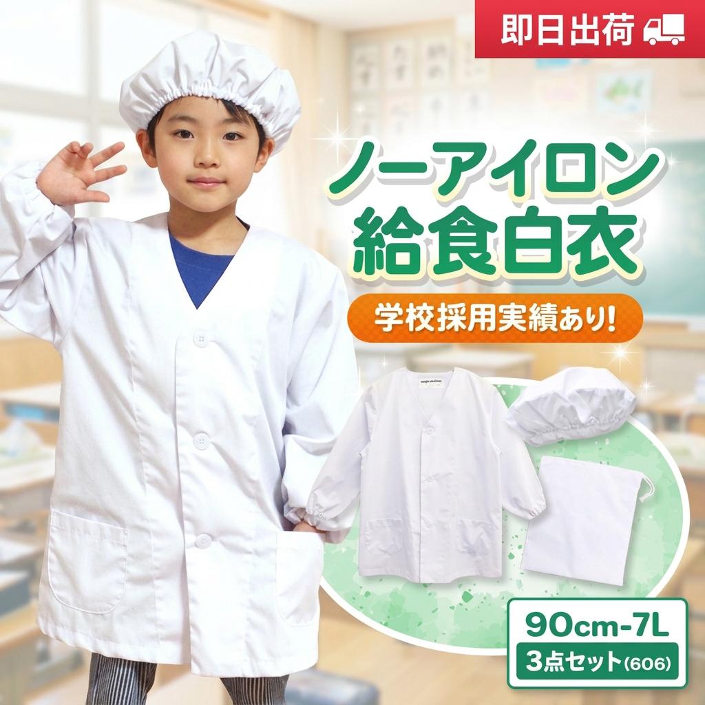 【3点セット/制菌ノーアイロン】給食白衣 SET606-01 前ボタンA型