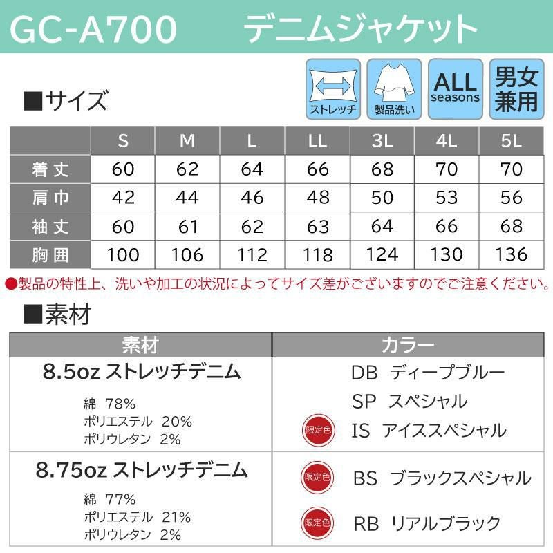 デニムジャケット[GC-A700/タカヤ] S-5L｜作業服・作業着の通販なら